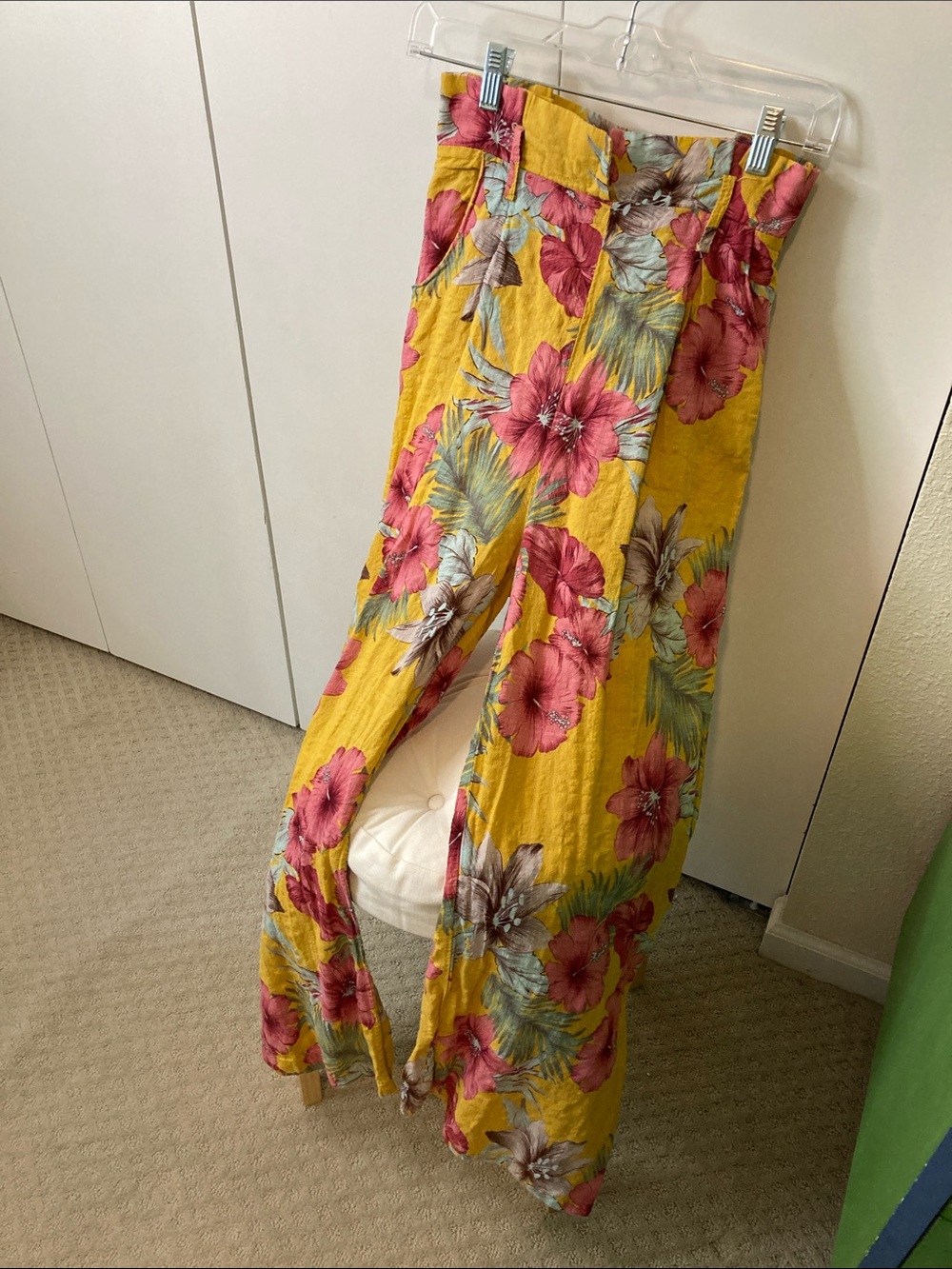 Wide Leg Floral Pants in Yellow with Pink Blooms